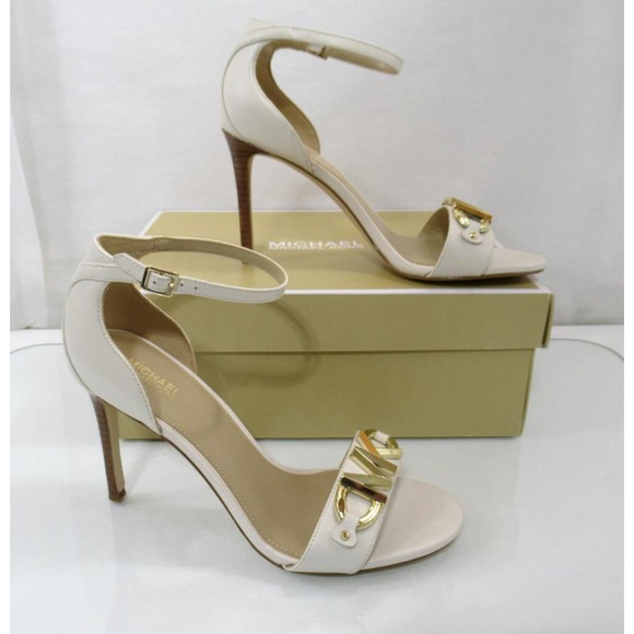 Michael Kors Izzy Sandals Heels Ankle Strap Dress MK Logo Light Cream Size 7.5 - Picture 6 of 7